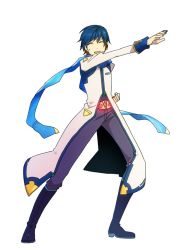 Rule 34 | 1boy, ^ ^, blue hair, clenched hand, closed eyes, crise, full body, kaito (vocaloid), male focus, scarf, short hair, simple background, solo, vocaloid, white background