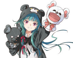 Rule 34 | 1girl, agahari, animal costume, animal ears, animal hood, arm up, bear costume, bear ears, bear hood, blush, foreshortening, green hair, hair ribbon, hand puppet, hand up, hood, hood up, kuma kuma kuma bear, long hair, long sleeves, looking at viewer, outstretched arm, puppet, reaching, reaching towards viewer, red eyes, red ribbon, ribbon, simple background, smile, solo, teeth, upper body, v-shaped eyebrows, very long hair, white background, yuna (kuma kuma kuma bear)