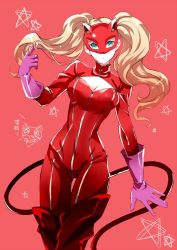 Rule 34 | 10s, 1girl, blonde hair, blue eyes, bodysuit, breasts, hair ornament, hairclip, kazanami, long hair, looking at viewer, mask, persona, persona 5, solo, tail, takamaki anne, twintails, whip
