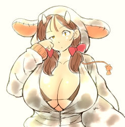 Rule 34 | 1girl, black hair, bow, breasts, cow girl, drawn, gigantic breasts, hair bow, hataraki ari, hood, hoodie, horns, looking at viewer, low twintails, original, rubbing eyes, simple background, solo, sukimi, twintails, white background