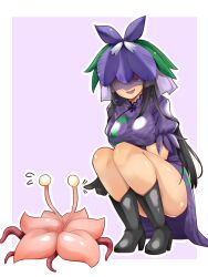 Rule 34 | 1girl, black footwear, black gloves, black hair, boots, breasts, china dress, chinese clothes, dress, flower, flower on head, gloves, hemogurobin a1c, large breasts, long hair, open mouth, purple dress, purple eyes, purple flower, short sleeves, smile, solo, touhou, touhou (pc-98), vine print, yomotsu hisami