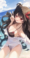 Rule 34 | 1girl, beach, bikini, bikini under clothes, black bikini, black hair, blush, breasts, cleavage, day, highres, long hair, looking at viewer, medium breasts, open mouth, outdoors, red eyes, s0104y, see-through, see-through shirt, shirt, solo, swimsuit, v, v-llage, virtual youtuber, water