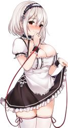Rule 34 | 1girl, apron, azur lane, black dress, blush, breasts, cleavage, closed mouth, clothes lift, cowboy shot, dress, dress lift, frilled apron, frilled dress, frilled skirt, frills, hairband, hand on own face, hand up, highres, large breasts, lifting own clothes, looking at viewer, maid, nose blush, puffy short sleeves, puffy sleeves, red eyes, red ribbon, ribbon, ry thae, short hair, short sleeves, silver hair, sirius (azur lane), skirt, smile, solo, thighhighs, two-tone hairband, waist apron, white apron, white thighhighs, wrist cuffs