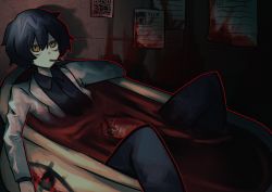 Rule 34 | 1boy, absurdres, ayin (project moon), bathtub, black hair, black pants, black shirt, blood, bloodbath (project moon), cigarette, coat, coco (556ch0cl8), collared shirt, commentary, hair between eyes, highres, lab coat, lobotomy corporation, long sleeves, open clothes, open coat, pants, paper, project moon, qr code, shirt, short hair, smoke, smoking, solo, yellow eyes