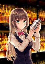 Rule 34 | 1girl, absurdres, bartender, black vest, bottle, bow, bowtie, breasts, brown hair, cocktail shaker, collared shirt, gongbangmanchi (daisy cutter), green eyes, highres, indoors, long hair, long sleeves, medium breasts, original, red bow, red bowtie, shirt, solo, upper body, vest, white shirt