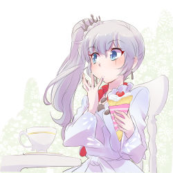 Rule 34 | 1girl, blue eyes, crepe, earrings, food, grey hair, highres, iesupa, jewelry, licking, licking finger, necklace, rwby, scar, scar on face, side ponytail, solo, weiss schnee