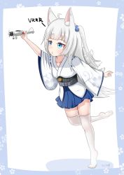 Rule 34 | 1girl, absurdres, aged down, aircraft, animal ears, aqua eyes, arm up, azur lane, boppin, commentary request, eyeshadow, fox ears, fox girl, fox tail, hair bobbles, hair ornament, highres, holding, japanese clothes, kaga (azur lane), kitsune, kyuubi, long hair, makeup, multiple tails, o3o, one side up, pleated skirt, simple background, skirt, solo, standing, standing on one leg, tail, two-tone background, white hair, wide sleeves