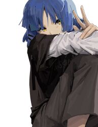 Rule 34 | 1girl, absurdres, black pants, black shirt, blue hair, bocchi the rock!, hair ornament, hairclip, highres, layered sleeves, long sleeves, looking at viewer, mole, mole under eye, pants, shirt, short hair, simple background, sitting, solo, t-shirt, w, white background, white shirt, yamada ryo, yellow eyes, zxjv