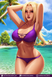 Rule 34 | 1girl, armpits, arms behind head, arms up, beach, bikini, blonde hair, blue sky, breasts, brown eyes, cleavage, cloud, collarbone, commentary, cross-laced bikini, cross-laced clothes, day, english commentary, facial mark, forehead mark, gumroad logo, gumroad username, highres, large breasts, legs together, lips, lipstick, looking at viewer, luminyu, makeup, mature female, mole, mole on breast, naruto, naruto (series), navel, nose, open mouth, outdoors, paid reward available, palm tree, patreon logo, patreon username, purple bikini, red lips, sand, sky, solo, standing, strap gap, swimsuit, tree, tsunade (naruto), twitter logo, twitter username, water, watermark, web address