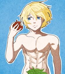 1boy abs absurdres adam_(shuumatsu_no_valkyrie) blonde_hair blue_background blue_eyes completely_nude covering_privates cowboy_shot derutta food fruit hair_between_eyes half-closed_eyes hand_up highres holding holding_food holding_fruit leaf leaf_censor male_focus muscular muscular_male navel nude pectorals short_hair shuumatsu_no_valkyrie sideways_glance smile solo toned toned_male