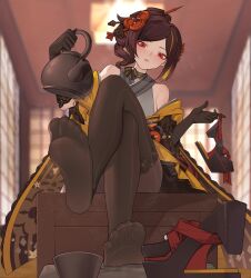 Rule 34 | 1girl, brown hair, chiori (genshin impact), crossed legs, cup, feet, genshin impact, light blush, long hair, looking at viewer, pantyhose, red eyes, shoes, soles, steam, teapot, toes, unworn shoes, xssh