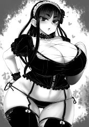 Rule 34 | 1girl, arm behind back, blunt bangs, breasts, choker, cleavage, commentary request, cowboy shot, curvy, flying sweatdrops, garter straps, greyscale, haseru (ginku mh), heart, highres, huge breasts, long hair, looking at viewer, maid, maid headdress, mole, mole on breast, mole on thigh, mole under mouth, monochrome, navel, open mouth, original, plate, shirt, short sleeves, sidelocks, solo, thighhighs, wrist cuffs