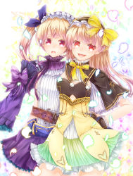 Rule 34 | 2girls, :d, atelier (series), atelier lydie &amp; suelle, bad id, bad pixiv id, belt, black capelet, bow, capelet, cowboy shot, frilled hairband, frills, green skirt, hair bow, hairband, hand on own hip, long hair, looking at viewer, lydie marlen, multiple girls, open mouth, petals, pink hair, purple bow, purple eyes, red eyes, short hair, siblings, side ponytail, sisters, siyusiyu13, skirt, smile, suelle marlen, twins, yellow bow