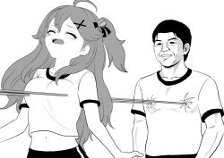 Rule 34 | 1boy, 1girl, ahoge, alternate costume, bell, blush, breasts, closed eyes, collarbone, commentary request, greyscale, gym shirt, gym shorts, gym uniform, hair bell, hair between eyes, hair ornament, highres, hololive, jingle bell, laser, long hair, medium breasts, midriff, monochrome, navel, one side up, open mouth, sakura miko, shirt, short sleeves, shorts, shuushi, simple background, smile, tears, very long hair, virtual youtuber, what, white background, x hair ornament, yagoo