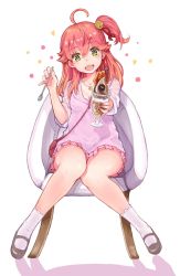 Rule 34 | 1girl, ahoge, alternate costume, black footwear, breasts, chair, cleavage, food, green eyes, hair ornament, hairclip, head tilt, heart, highres, holding, holding spoon, hololive, ice cream, jewelry, knees together feet apart, necklace, open mouth, pink hair, sakura miko, shadow, shoes, simple background, sitting, socks, solo, spoon, teeth, tmo-cat, upper teeth only, virtual youtuber, white background, white socks, x hair ornament