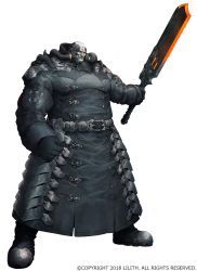 Rule 34 | 1boy, armor, bald, belt, black armor, black footwear, boots, buttons, clenched hand, colored skin, company name, dated, fat, fat man, frown, grey skin, holding, holding sword, holding weapon, k-suwabe, male focus, muscular, official art, red eyes, simple background, solo, sword, taimanin (series), weapon, white background