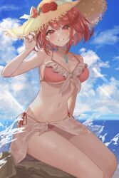 Rule 34 | 1girl, alternate costume, beach, bikini, blush, breasts, chest jewel, cleavage, cloud, collarbone, commentary request, day, earrings, flower, frilled bikini, frills, hand on headwear, hat, hat flower, highres, jewelry, looking at viewer, medium breasts, mia cbx, navel, ocean, outdoors, parted lips, pyra (xenoblade), red bikini, red eyes, red flower, red hair, red rose, revision, rock, rose, sarong, short hair, signature, sitting, sitting on rock, smile, solo, splashing, stomach, straw hat, sun hat, sunlight, swept bangs, swimsuit, teeth, upper teeth only, water, waves, wet, xenoblade chronicles (series), xenoblade chronicles 2