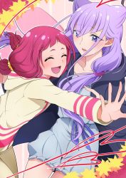 Rule 34 | 10s, 2girls, :d, ^ ^, closed eyes, cone hair bun, double bun, eyebrows, closed eyes, hair bun, happy, highres, hugtto! precure, long hair, long sleeves, looking at another, low twintails, multiple girls, nono hana, open mouth, pink hair, precure, purple eyes, purple hair, purple ribbon, ribbon, ruru amour, sayvi, short hair, short twintails, smile, twintails