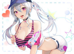 Rule 34 | 1girl, :d, arched back, bare shoulders, baseball cap, belt, bent over, bikini, bikini top only, black choker, breasts, choker, cleavage, collarbone, cowboy shot, crop top, earrings, frills, hat, heart, heart-shaped pupils, highres, indie virtual youtuber, jewelry, kanase lilia, large breasts, long hair, looking at viewer, midriff, nail polish, off-shoulder shirt, off shoulder, open mouth, pink bikini, pink eyes, shirt, short shorts, short sleeves, shorts, smile, snozaki, solo, striped bikini, striped clothes, swimsuit, symbol-shaped pupils, tongue, tongue out, twintails, virtual youtuber, white hair, white shirt, white shorts