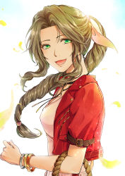 Rule 34 | 1girl, aerith gainsborough, basket, bracelet, braid, breasts, brown hair, choker, cropped jacket, dress, falling petals, final fantasy, final fantasy vii, final fantasy vii remake, green eyes, hair ribbon, highres, holding, holding basket, jacket, jewelry, long hair, looking at viewer, medium breasts, necklace, open mouth, parted bangs, petals, pink dress, pink ribbon, red jacket, ribbon, shimada iwato, sidelocks, smile, solo, square enix, upper body