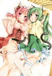 Rule 34 | 2girls, 3:, :&gt;, absurdres, animal ears, ass, blush, breasts, butt crack, cameltoe, cat ears, cat tail, chestnut mouth, cleavage, detached sleeves, dutch angle, fake animal ears, fang, frilled legwear, frills, from above, green eyes, green hair, green panties, hair ribbon, hairband, highres, indoors, kani biimu, lolita hairband, long hair, long sleeves, looking at viewer, lying, melonbooks, meme attire, multiple girls, on back, on bed, on side, panties, paw pose, pink eyes, pink hair, puffy long sleeves, puffy sleeves, ribbon, scan, side-tie panties, string panties, tail, thighhighs, underbust, underwear, virgin killer outfit, white legwear, white panties, wide sleeves