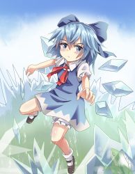 Rule 34 | 1girl, absurdres, black footwear, bloomers, blue bow, blue eyes, blue hair, blue skirt, blush, body blush, bow, cirno, closed mouth, collared shirt, commentary, eyelashes, frilled sleeves, frills, frog, frozen frog, full body, hair bow, highres, houshiruri, ice, ice wings, leg up, light blue hair, looking at viewer, loose socks, mary janes, neck ribbon, puffy short sleeves, puffy sleeves, red ribbon, ribbon, serious, shirt, shoes, short hair, short sleeves, skirt, skirt set, socks, solo, thick eyebrows, touhou, underwear, white legwear, white shirt, wing collar, wings