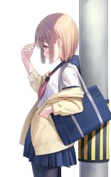 Rule 34 | 1girl, bag, black pantyhose, blonde hair, blue bag, blue sailor collar, blue skirt, blush, breasts, cardigan, commentary request, cowboy shot, from side, hand in own hair, hand in pocket, hand up, highres, na-ga, neckerchief, off shoulder, open cardigan, open clothes, original, pantyhose, pleated skirt, profile, red neckerchief, sailor collar, school bag, school uniform, shirt, short hair, sidelocks, skirt, small breasts, solo, standing, white background, white shirt, yellow cardigan