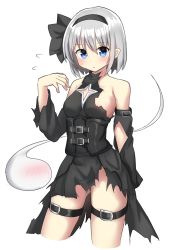 Rule 34 | 1girl, alternate costume, bare shoulders, black dress, black hairband, blue eyes, blush, closed mouth, clothing cutout, cosplay, cowboy shot, detached sleeves, dress, ghost, grey hair, hairband, highres, konjiki no yami, konjiki no yami (cosplay), konpaku youmu, konpaku youmu (ghost), looking at viewer, short hair, simple background, solo, standing, thigh strap, to love-ru, touhou, white background, youmu-kun