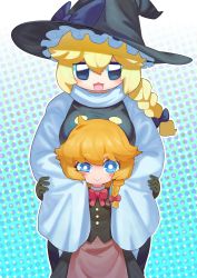 Rule 34 | 2girls, absurdres, apron, black capelet, black eyes, black gloves, black headwear, black skirt, black vest, blonde hair, blue bow, blue eyes, blush, bow, bowtie, braid, breasts, bright pupils, brown apron, buttons, capelet, closed mouth, commentary request, cookie (touhou), cowboy shot, flat chest, gloves, hair bow, hat, hat bow, highres, hug, kesa (nicoseiga13323895), kirisame marisa, large breasts, looking at viewer, meguru (cookie), multiple girls, open mouth, red bow, red bowtie, shirt, side braid, single braid, skirt, sleeves past fingers, sleeves past wrists, smile, touhou, turtleneck, vest, waist apron, white pupils, white shirt, witch hat, yuuhi (cookie)
