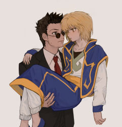Rule 34 | 2boys, absurdres, androgynous, arm around shoulder, black eyes, black hair, black suit, blonde hair, blush, carrying, carrying person, collarbone, collared shirt, formal, hair between eyes, highres, hunter x hunter, ik18166181ik, kurapika, leorio paladiknight, looking at another, male focus, multiple boys, necktie, princess carry, profile, red necktie, round eyewear, shirt, short hair, sideburns, spiked hair, standing, suit, sunglasses, sweatdrop, white background, yaoi