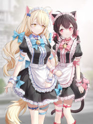 Rule 34 | 2girls, animal ears, apron, bell, black dress, black hair, blonde hair, bow, bowtie, cat ears, cat girl, cat tail, choker, commission, dress, frilled dress, frills, hair bow, highres, jingle bell, long hair, looking at another, low twintails, maid, maid apron, maid headdress, multiple girls, original, pixiv commission, puffy sleeves, red eyes, ronopu, short sleeves, smile, standing, tail, thigh strap, twintails, waist apron, wavy hair, wing collar, wrist cuffs, yellow eyes