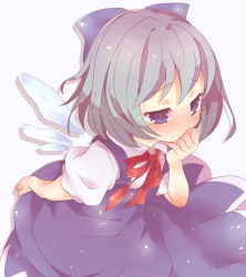 Rule 34 | 1girl, bad id, bad pixiv id, blouse, blue eyes, blue hair, blush, cirno, collared shirt, dress, embodiment of scarlet devil, female focus, hand on own chin, matching hair/eyes, ribbon, shirt, short hair, simple background, solo, touhou, white background, white shirt, wings, yuhiko