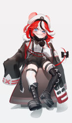 Rule 34 | absurdres, animal ears, appleblossomtea, black bow, black coat, black footwear, black gloves, black hair, black shorts, blue eyes, boots, bow, coat, fur-trimmed coat, fur trim, gloves, hakos baelz, hakos baelz (4th costume), hat, highres, hololive, hololive english, mouse ears, mouse girl, mouse tail, multicolored hair, official alternate costume, red hair, shirt, short hair with long locks, shorts, sleeves past fingers, sleeves past wrists, smile, solo, streaked hair, suspender shorts, suspenders, tail, tail bow, tail ornament, thigh boots, thigh strap, thighhighs, torn clothes, torn thighhighs, white hair, white hat, white shirt, white thighhighs