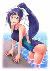 Rule 34 | blue eyes, blue hair, blush, e20, highres, long hair, one-piece swimsuit, open mouth, ponytail, quiz magic academy, swimsuit, very long hair, water, yuri (quiz magic academy)