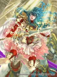 Rule 34 | 1girl, animal, aqua eyes, aqua hair, armor, boots, breastplate, cape, commentary request, company name, copyright name, eirika (fire emblem), elbow gloves, fingerless gloves, fire emblem, fire emblem: the sacred stones, fire emblem cipher, gloves, holding, holding sword, holding weapon, horse, indoors, lightning, long hair, looking at viewer, nintendo, official art, pleated skirt, puffy short sleeves, puffy sleeves, red thighhighs, short sleeves, skirt, sunlight, suzuki rika, sword, thigh boots, thighhighs, turtleneck, weapon, zettai ryouiki