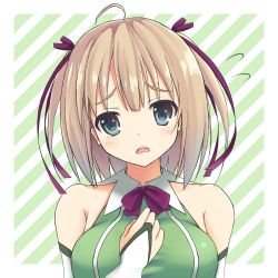Rule 34 | 1girl, blue eyes, bow, bridal gauntlets, brown hair, flower knight girl, green background, green shirt, looking at viewer, lowres, purple bow, shirt, short hair, snowdrop (flower knight girl), solo, striped, striped background, suzuki lv.002, upper body
