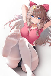 Rule 34 | 1girl, a-soul, arm up, arms behind head, black shorts, blonde hair, blue eyes, blush, bow, breasts, choker, closed mouth, diana (a-soul), feet, feet up, hair bow, highres, legs, long hair, looking at viewer, lying, medium breasts, no shoes, on back, pantyhose, pink choker, pink shirt, shirt, shorts, soles, solo, thighs, toes, virtual youtuber, white background, white pantyhose, xi ying