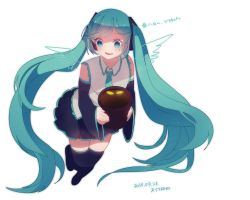 Rule 34 | 1girl, aqua eyes, aqua hair, bad id, bad pixiv id, blush, boots, detached sleeves, hatsune miku, hello planet (vocaloid), hzrn (ymj924), long hair, necktie, open mouth, plant, potted plant, simple background, skirt, smile, solo, thigh boots, thighhighs, twintails, very long hair, vocaloid, wings, zettai ryouiki