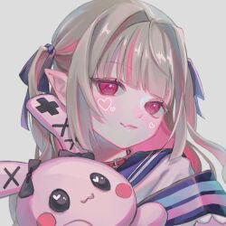 Rule 34 | 1girl, black ribbon, blue sailor collar, blunt bangs, blush, closed mouth, collar, colored inner hair, fang, grey background, grey hair, hair intakes, hair ribbon, heart, highres, holding, holding stuffed toy, long hair, looking at viewer, makaino ririmu, multicolored hair, nijisanji, nne lne, pink eyes, pink hair, pink lips, pointy ears, red collar, ribbon, sailor collar, simple background, smile, solo, streaked hair, stuffed animal, stuffed rabbit, stuffed toy, two-tone hair, virtual youtuber