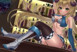 Rule 34 | arms up, bar (place), belt, black thighhighs, blonde hair, boots, breasts, cleavage, demon horns, demon tail, demon wings, detached sleeves, full body, hairband, horns, kerberos blade, knee boots, medium breasts, navel, panties, pantyshot, parasol, pencil skirt, pink hairband, race queen, side lace-up boots, side lace-up pencil skirt, sidelocks, sitting, sitting on counter, skirt, sleeveless, sleeveless jacket, tail, thighhighs, twintails, umbrella, underwear, white knee boots, white pencil skirt, wings, yuu (user yefs7237)