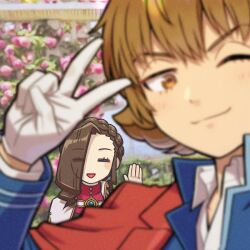Rule 34 | 1boy, 1girl, ace attorney, ace attorney investigations, ace attorney investigations 2, blurry, blurry foreground, braid, brown eyes, brown hair, cape, closed eyes, closed mouth, flipped hair, gloves, hair over one eye, ichiyanagi yumihiko, jacket, jacket on shoulders, long sleeves, looking at viewer, male focus, mikagami hakari, numae kaeru, one eye closed, open mouth, short hair, smile, uniform, v, white gloves