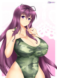 Rule 34 | 10s, 1girl, bare shoulders, breasts, camo print, camouflage, camouflage, camouflage swimsuit, cleavage, covered navel, curvy, hair ribbon, highres, huge breasts, long hair, looking at viewer, murasaki (senran kagura), purple eyes, purple hair, ribbon, senran kagura, smile, solo, swimsuit, wide hips