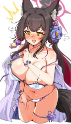 Rule 34 | 1girl, @ @, animal ear fluff, animal ears, bead bracelet, beads, bikini bottom pull, black hair, blue archive, blush, bracelet, breasts, cleavage, collarbone, cropped legs, flower, fox ears, fox girl, fox tail, hair flower, hair ornament, halo, highres, jewelry, large breasts, long hair, machismo fuji, navel, nose blush, open mouth, simple background, solo, sweat, tail, wakamo (blue archive), wakamo (swimsuit) (blue archive), white background, yellow eyes