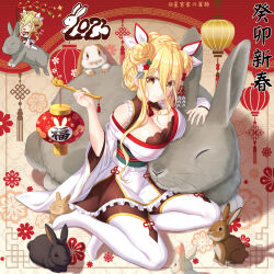 Rule 34 | 1girl, animal, animal ears, architecture, blonde hair, breasts, chibi, chinese clothes, chinese commentary, chinese new year, chinese text, cleavage, date a live, firecrackers, hair ornament, highres, hoshimiya mukuro, lantern, large breasts, looking at another, oversized animal, pantyhose, paper lantern, rabbit, smile, solo, tsubasaki, white pantyhose, yellow eyes
