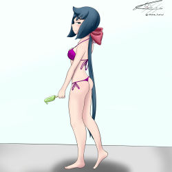 Rule 34 | 1girl, absurdres, ass, bikini, blue eyes, blue hair, blush, breasts, closed mouth, constanze amalie von braunschbank-albrechtsberger, female focus, full body, hair ornament, hair ribbon, highres, little witch academia, long hair, looking at viewer, ponytail, purple bikini, ribbon, simple background, small breasts, smile, solo, swimsuit, white background