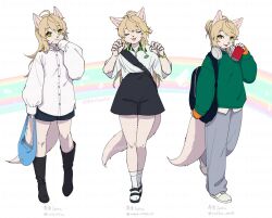 Rule 34 | 1girl, :3, ahoge, animal ears, backpack, bag, black footwear, black shorts, blonde hair, boots, bracelet, can, closed eyes, dog ears, dog tail, fang, fashion, full body, furry, furry female, grey pants, handbag, headphones, headphones around neck, high-waist shorts, highres, holding, holding can, jewelry, ko-on (ningen zoo), long sleeves, looking at viewer, open mouth, original, pants, sandals, shirt, shoes, shorts, shoulder bag, sleeves past wrists, smile, socks, solo, standing, sweatpants, tail, white footwear, yellow eyes