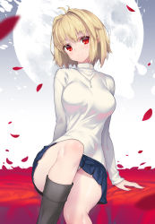 Rule 34 | 1girl, absurdres, arcueid brunestud, breasts, clothes lift, highres, hong (white spider), large breasts, panties, red eyes, short hair, skirt, skirt lift, smile, sweater, tsukihime, underwear