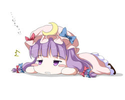 Rule 34 | 1girl, blush stickers, chibi, drooling, female focus, hat, long hair, lying, mukyuu, on stomach, patchouli knowledge, purple eyes, purple hair, saliva, simple background, solo, touhou, tri, white background