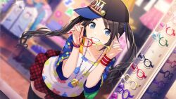 Rule 34 | 1girl, baseball cap, black thighhighs, blue eyes, blurry, blurry background, blush, bracelet, breasts, brown hair, collarbone, commentary, cowboy shot, dutch angle, unworn eyewear, game cg, gingham, glasses, glint, grin, hat, holding, holding removed eyewear, idolmaster, idolmaster shiny colors, indoors, jewelry, leaning forward, light particles, long hair, looking at viewer, mitsumine yuika, multicolored shirt, official art, parted bangs, red skirt, shirt, shop, sideways hat, skirt, small breasts, smile, solo, sparkle, t-shirt, thighhighs, twintails, wristband