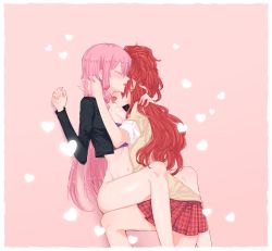 Rule 34 | 2girls, aaaaddddd, absurdres, against wall, akuma no riddle, blush, bottomless, drill hair, earrings, closed eyes, heart, highres, inukai isuke, jewelry, licking, licking another&#039;s neck, long hair, multiple girls, open mouth, pink background, pink hair, plaid, plaid skirt, red hair, sagae haruki, saliva, school uniform, skirt, sweat, tongue, yuri